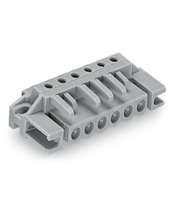 THT female header; 0.6 x 1.0 mm solder pin; angled; Spacer flange; Pin spacing 5 mm; 17-pole; gray