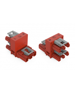 h-distribution connector; 3-pole; Cod. P; 1 input; 2 outputs; outputs on one side; 3 locking levers; for flying leads; red