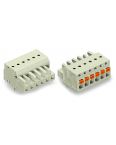 1-conductor female plug; 100% protected against mismating; push-button; Snap-in mounting feet; 2.5 mm²; Pin spacing 5 mm; 2-pole; 2,50 mm²; light gray