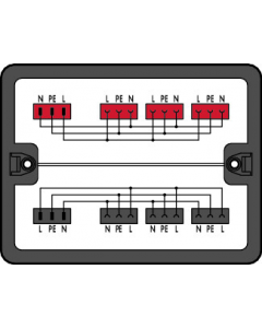 Distribution box; Single-phase current (230 V); 2 inputs; 6 outputs; Cod. A, P; MIDI; black
