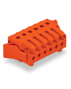 THT female header; 0.9 x 0.9 mm solder pin; angled; 100% protected against mismating; Locking lever; Pin spacing 3.81 mm; 9-pole; orange