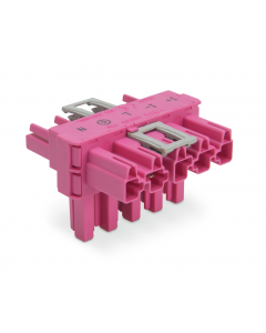 T-distribution connector; 5-pole; Cod. B; 1 input; 2 outputs; 3 locking levers; for flying leads; pink