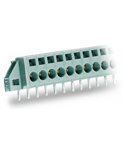 Through-panel PCB terminal strip; angled solder pin 1x1.2 mm; 4-pole; with fixing flanges; pin spacing 5 mm / 0.197 in; gray