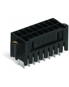 THR male header, 2-row; 0.8 x 0.8 mm solder pin; straight; 100% protected against mismating; Threaded flange; Pin spacing 3.5 mm; 10-pole; black