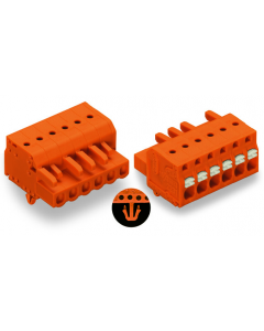 Female plug; 2-pole; push-button; snap-in mounting feet;12 AWG max; pin spacing 5.08 mm;1-conductor per pole; orange