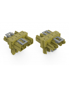 T-distribution connector; 4-pole; Cod. B; 1 input; 2 outputs; 3 locking levers; for flying leads; light green