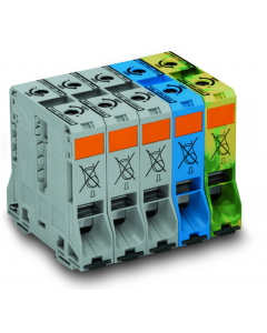 POWER CAGE CLAMP feedthrough terminal block (Three Phase Set); DIN 35 x 15 rail mount; 2-conductor; 4/0 AWG; 125 mm wide (25 mm wide each); multicolored