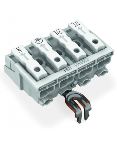 Lighting connector; push-button, external; with snap-in ground contact; 1/L´-2/L-PE-N; 4-pole; Lighting side: for solid conductors; Inst. side: for all conductor types; max. 2.5 mm²; Surrounding air temperature: max 85°C (T85); 2,50 mm²; white