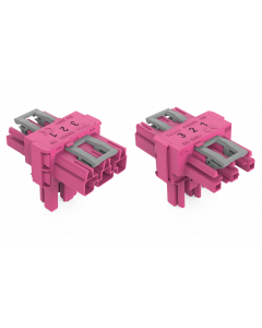 T-distribution connector; 3-pole; Cod. B; 1 input; 2 outputs; 2 locking levers; pink