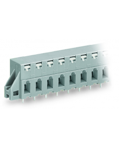 Through-panel PCB terminal strip; 2 solder pins/pole; 7-pole; with integrated push-buttons; pin spacing 7.5 mm / 0.295 in; with fixing flanges; gray