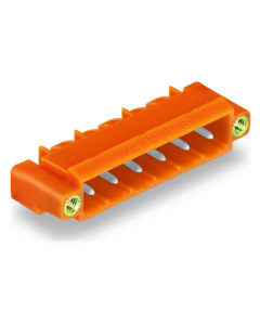 THT male header; 1.2 x 1.2 mm solder pin; angled; Threaded flange; Pin spacing 5.08 mm; 8-pole; orange