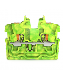 2-conductor miniature through terminal block; with push-button; 1 mm²; with test port; side and center marking; Center terminal block without snap-in mounting foot, without mounting flange; Push-in CAGE CLAMP®; 1,00 mm²; green-yellow