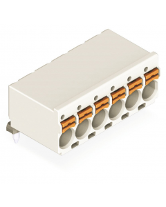 1-conductor THT female header; 1.4 mm Ø solder pin; angled; 2.5 mm²; Pin spacing 5 mm; 6-pole; light gray