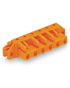 THT female header; 0.6 x 1.0 mm solder pin; angled; clamping collar; Pin spacing 7.62 mm; 9-pole; orange