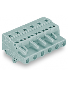 Female plug; 6-pole; snap-in mounting feet; 12 AWG max; pin spacing 7.5 mm; 1 conductor per pole; gray