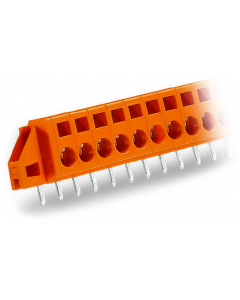 Through-panel PCB terminal strip; angled solder pin 1x1.2 mm; 9-pole; with fixing flanges; pin spacing 5.08 mm / 0.2 in; orange