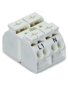4-conductor chassis-mount terminal strip; 2-pole; L1-N; without ground contact; for 3 mm ø screw and nut; with 2x pin; 4 mm²; 4,00 mm²; white