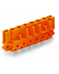 THT female header; 0.6 x 1.0 mm solder pin; straight; Spacer flange; Pin spacing 7.62 mm; 6-pole; orange