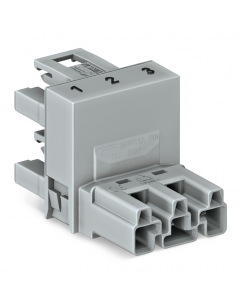 h-distribution connector; 3-pole; Cod. B; 1 input; 2 outputs; outputs on one side; 2 locking levers; gray