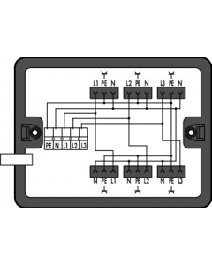 Distribution box; Three-phase to single-phase current (400 V/230 V); supply cable entry; 1 input; 6 outputs; Cod. A; MIDI; black