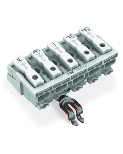 Lighting connector; push-button, external; with angled snap-in ground contact; DA+ DA- L PE N; 5-pole; Lighting side: for solid conductors; Inst. side: for all conductor types; max. 2.5 mm²; Surrounding air temperature: max 85°C (T85); 2,50 mm²; white