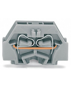 Space-saving, 2-conductor end terminal block; without push-buttons; without protruding snap-in mounting foot; for terminal strips with snap-in mounting feet; can be commoned with adjacent jumpers and staggered jumpers; CAGE CLAMP®; 1,50 mm²; gray