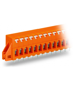 Through-panel PCB terminal strip; 2 solder pins/pole; 16-pole; with integrated push-buttons; pin spacing 5.08 mm / 0.2 in; with fixing flanges; orange