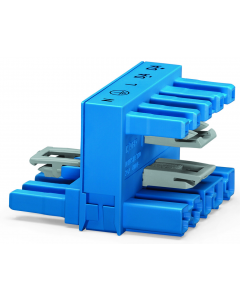 h-distribution connector; 5-pole; Cod. I; 1 input; 2 outputs; outputs on both sides; 3 locking levers; for flying leads; blue