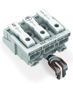 Lighting connector; push-button, external; with snap-in ground contact; 3-pole; Lighting side: for solid conductors; Inst. side: for all conductor types; max. 2.5 mm²; Surrounding air temperature: max 85°C (T85); 2,50 mm²; white