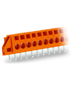 Through-panel PCB terminal strip; angled solder pin 1x1.2 mm; 10-pole; with fixing flanges; pin spacing 5.08 mm / 0.2 in; for flush mounting; orange