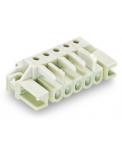 THT female header; 0.6 x 1.0 mm solder pin; angled; 100% protected against mismating; Spacer flange; Pin spacing 5 mm; 9-pole; light gray