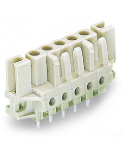 THT female header; 0.6 x 1.0 mm solder pin; straight; 100% protected against mismating; Spacer flange; Pin spacing 5 mm; 3-pole; light gray